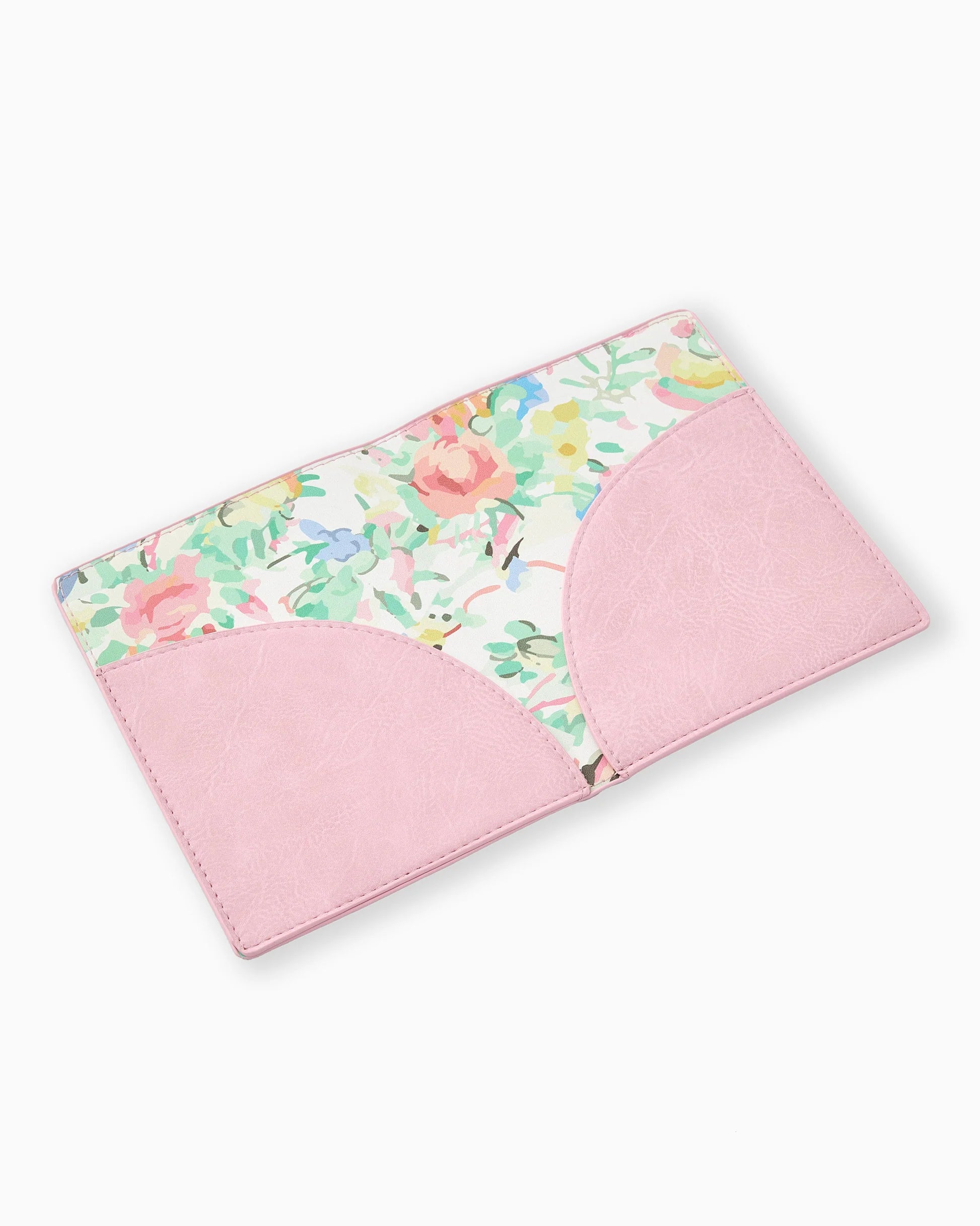 Floral-patterned pouch with pink border on a white background