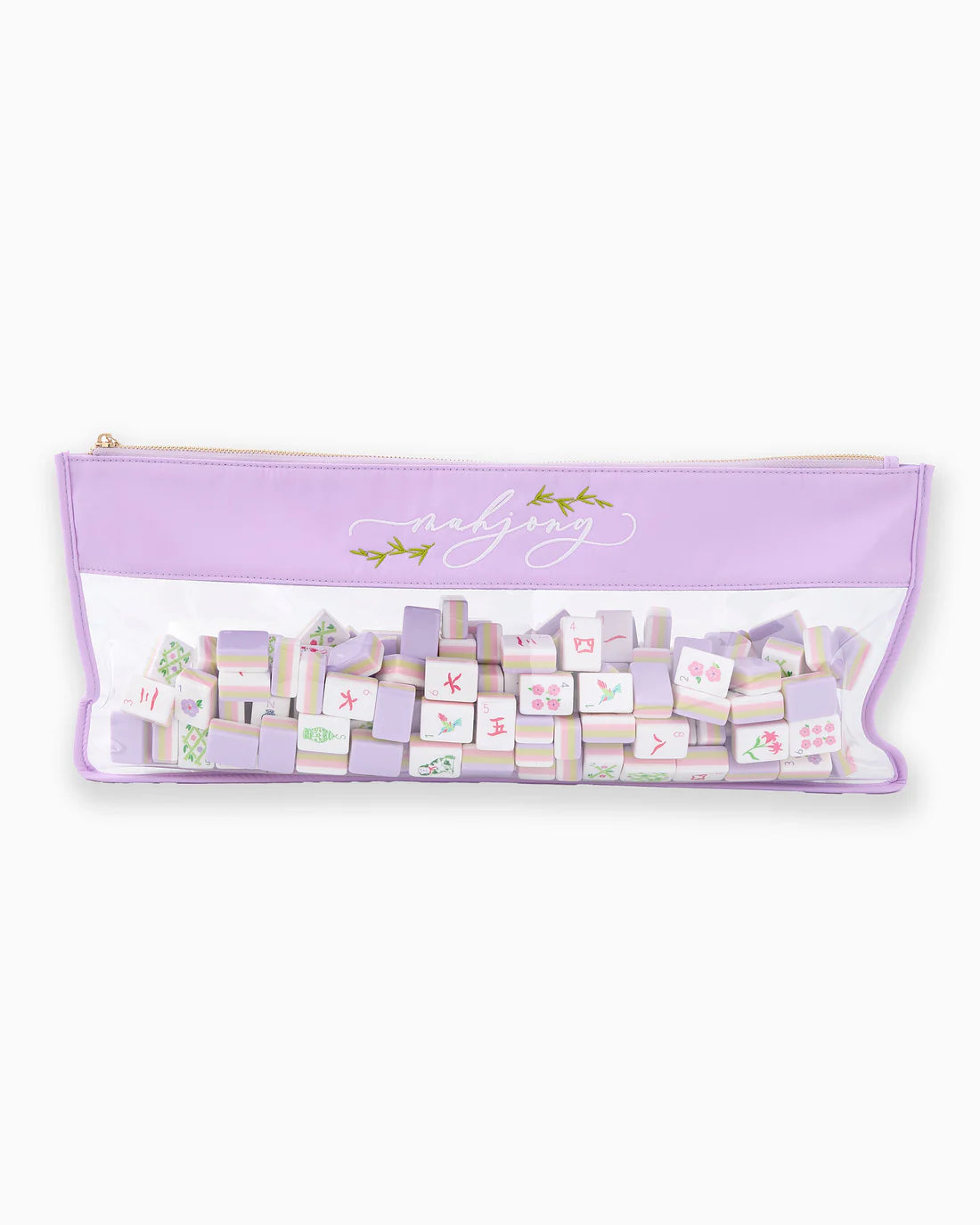 Pouch with wooden blocks inside on a white background