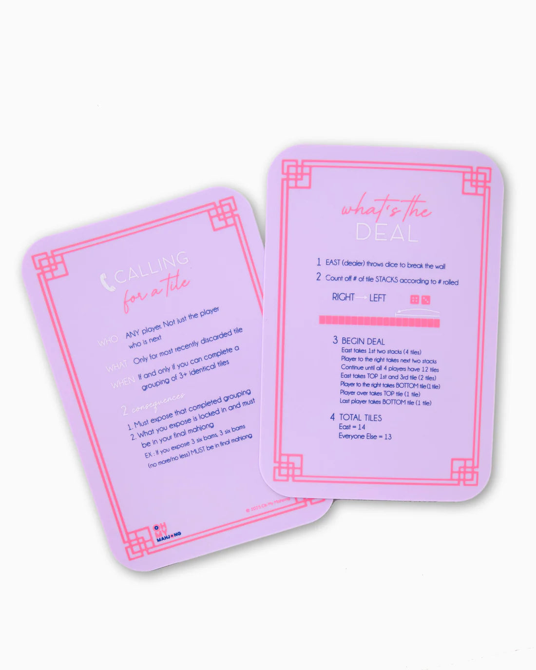 Two purple cards with pink text on a white background