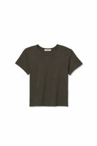 A dark olive green short-sleeve crewneck t-shirt displayed flat against a plain white background.