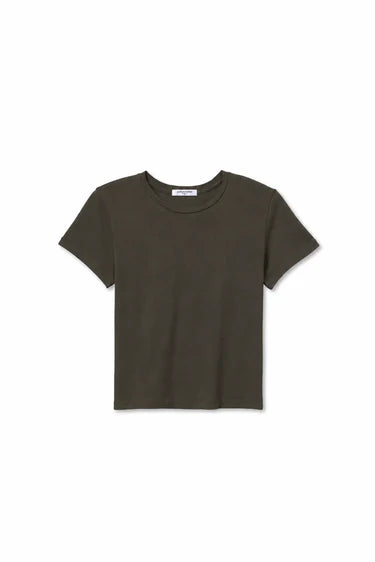 A dark olive green short-sleeve crewneck t-shirt displayed flat against a plain white background.