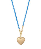 Gold heart-shaped pendant on a blue braided cord against a white background