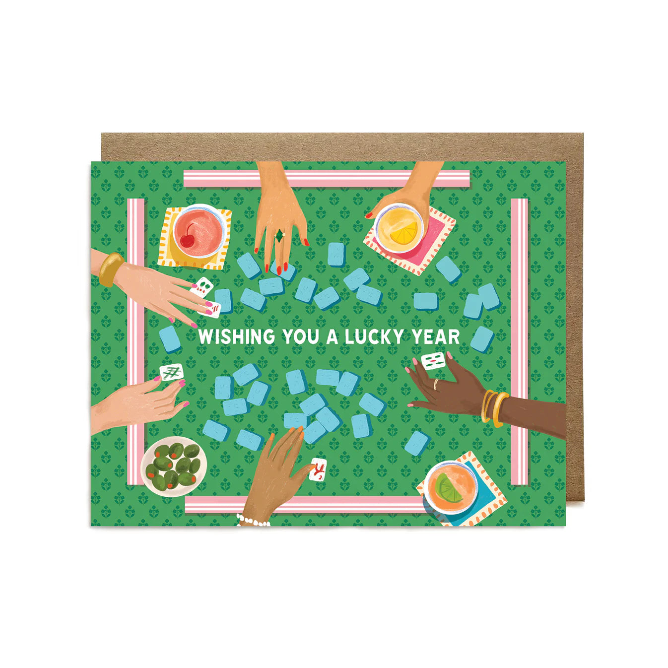 Greeting card with illustration of hands playing a game, text 'Wishing you a lucky year', on a green background.
