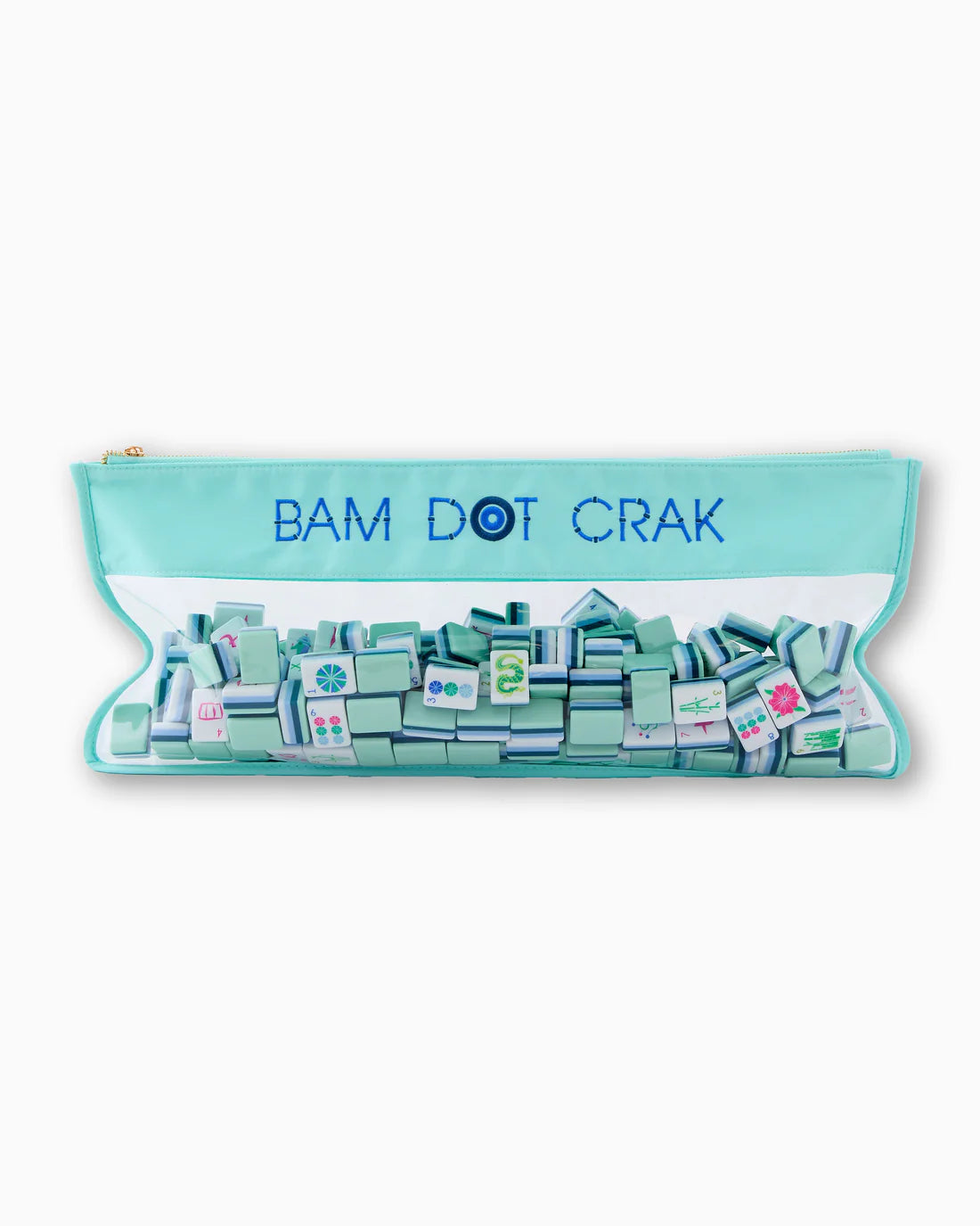 Pouch with 'BAM DOT CRAK' text and small boxes inside on a white background
