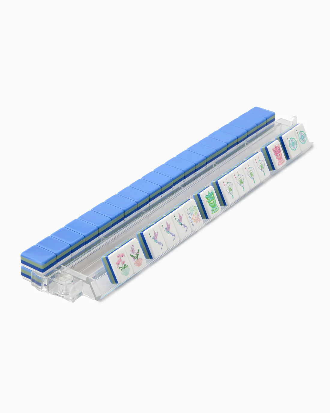 Rectangular product with blue top and clear bottom displaying colorful labels on a white background