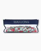 Mahjong set in a navy pouch with white interior on a white background