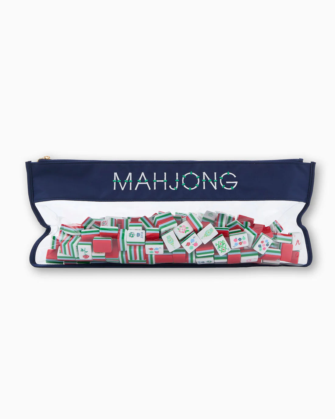 Mahjong set in a navy pouch with white interior on a white background