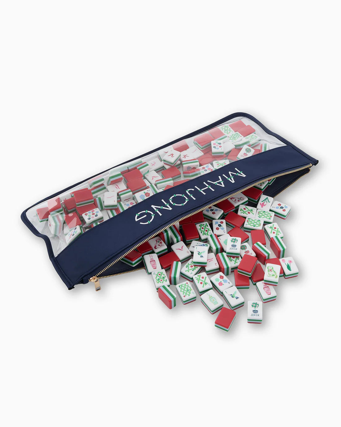 Mahjong game pieces spilling out of a navy blue pouch with 'MAHONG' text on a white background