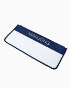 Navy blue and white pouch with 'MAHJONG' text on a white background