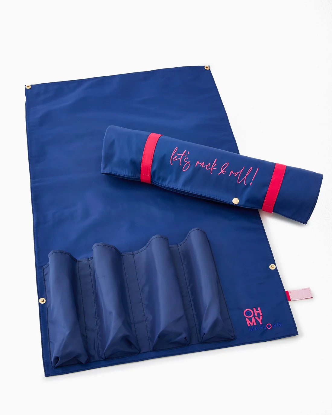 Blue mat with rolled-up mat and pink text on a white background