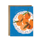 Card with illustration of oranges on a blue background
