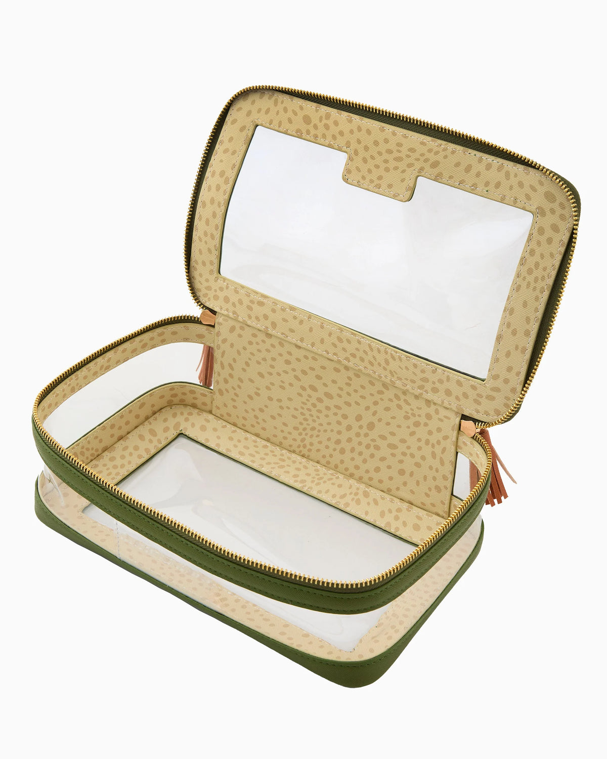 Green and beige travel case with mirror on a white background