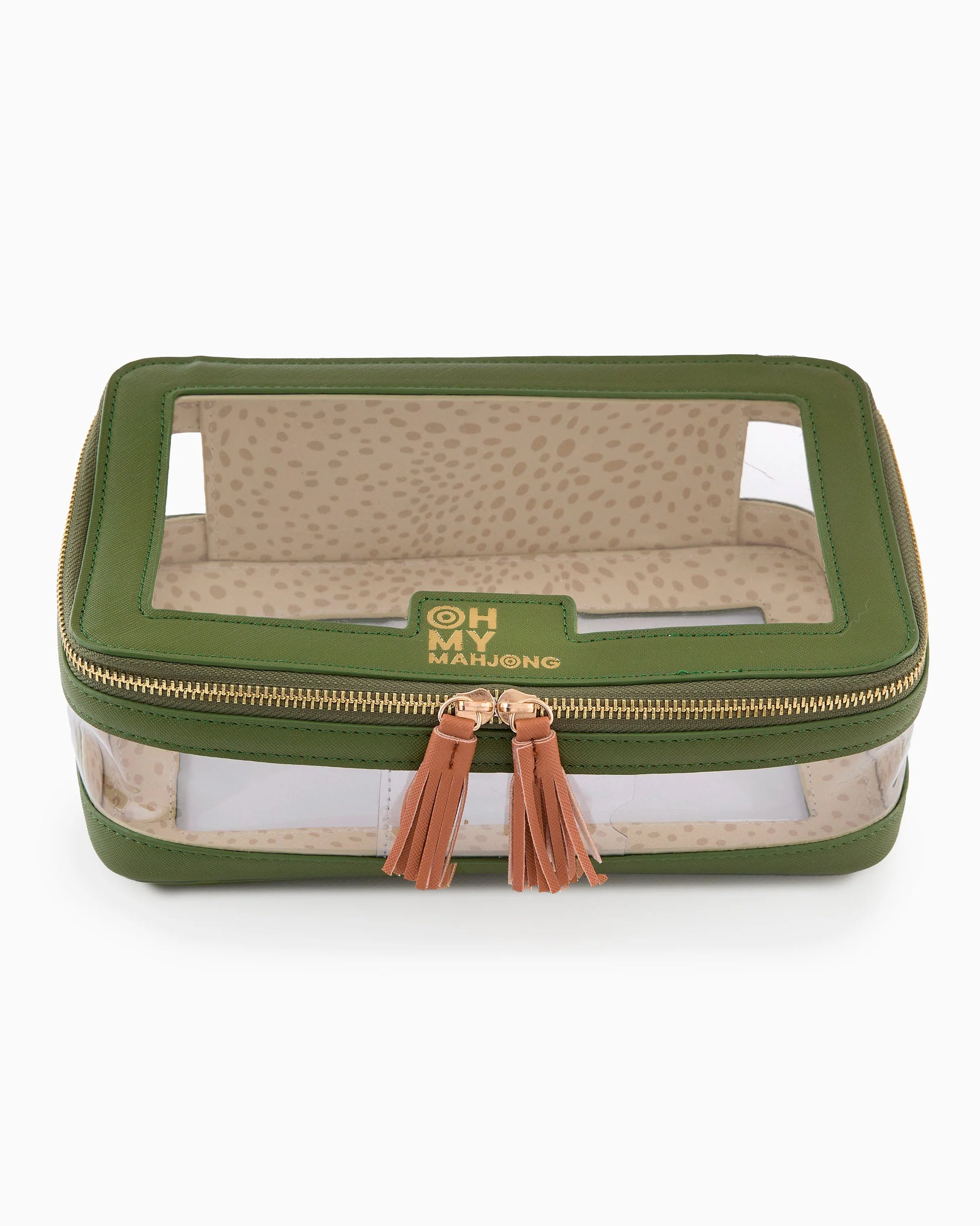 Green travel case with transparent top and gold zipper, featuring 'Oh My Mochi' branding.
