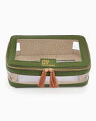 Green travel case with transparent top and gold zipper, featuring 'Oh My Mochi' branding.