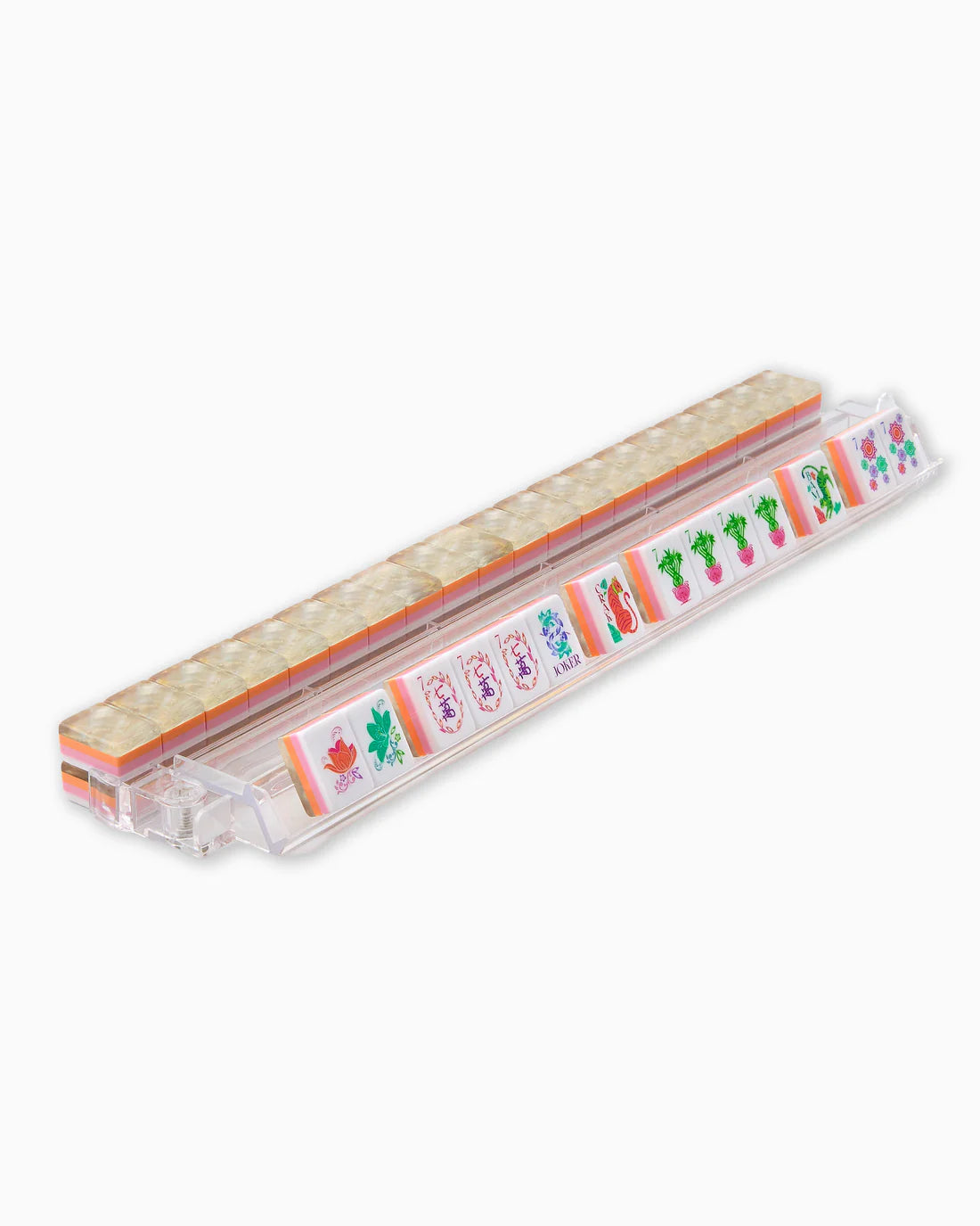 Rectangular white container with colorful labels on a white background