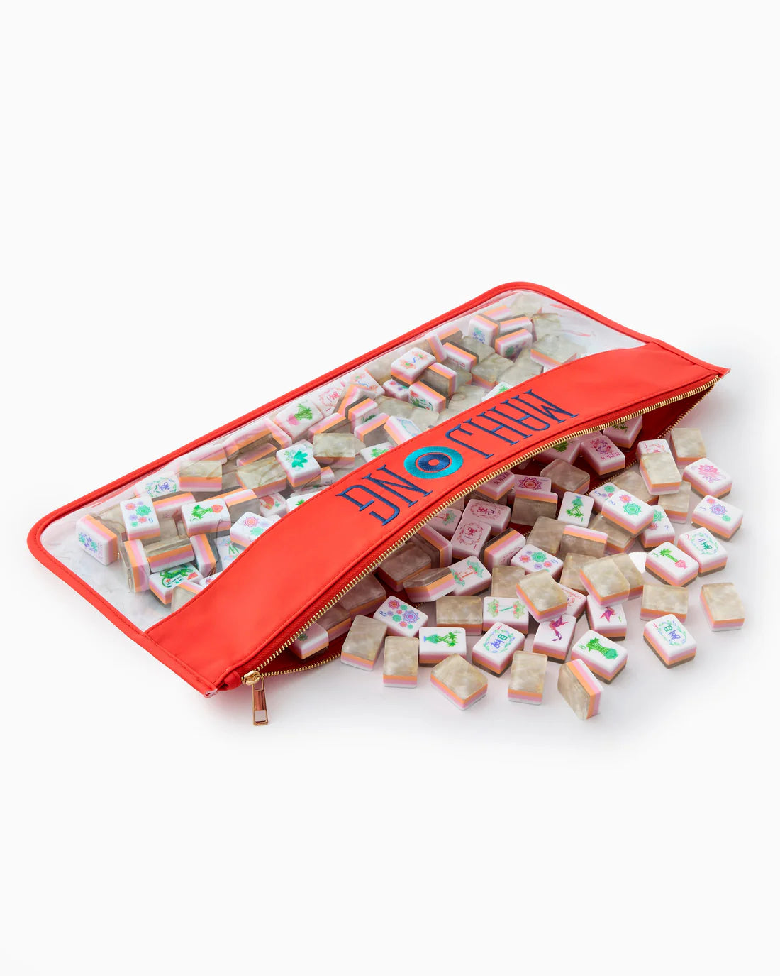 Colorful stamp set with a red zipper pouch on a white background