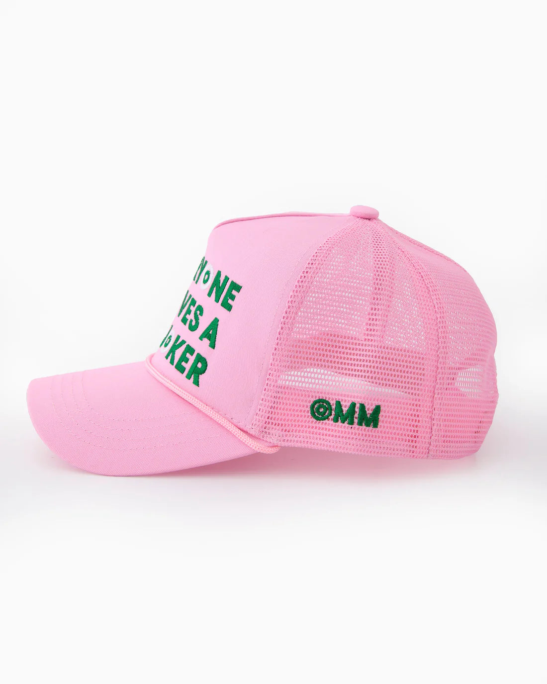 Pink cap with green text on a white background