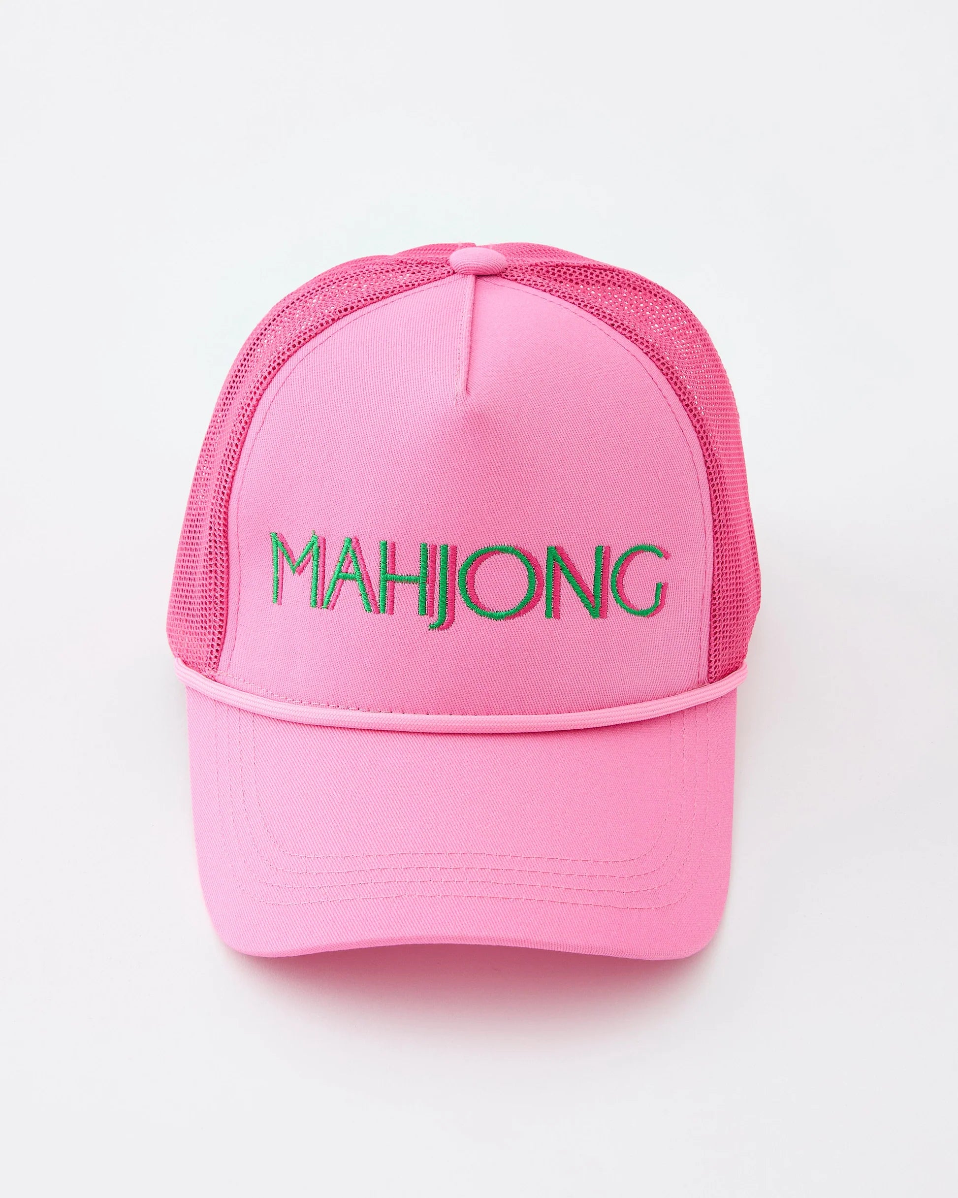 Pink cap with 'MAHJONG' text on a white background