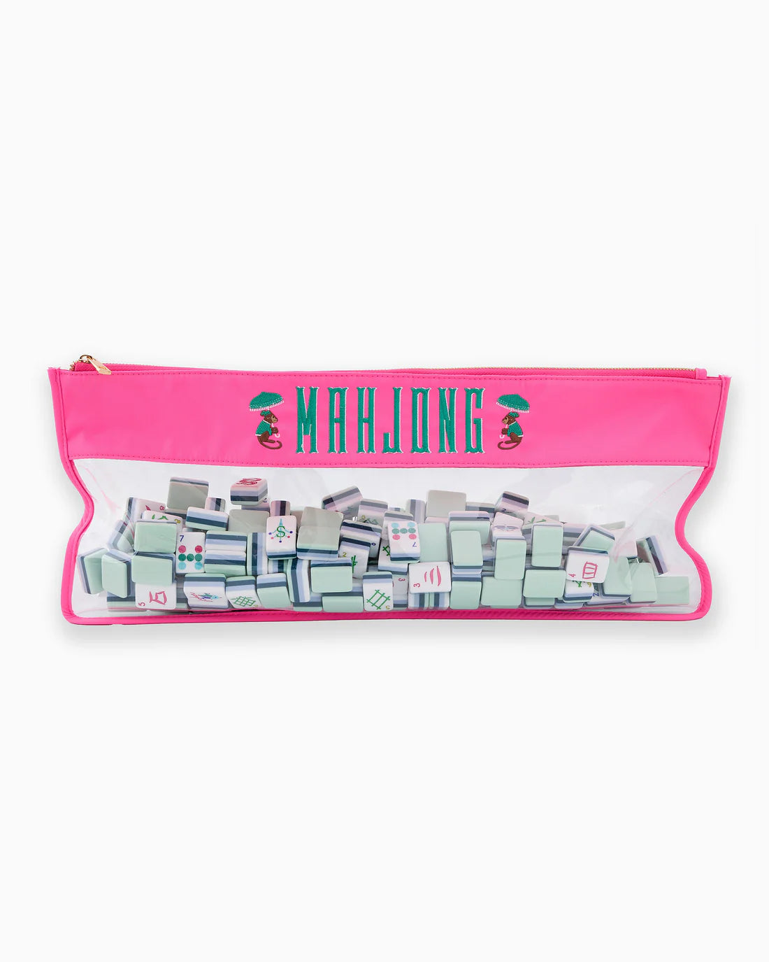 Pink pouch with clear top containing mahjong tiles on a white background