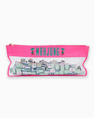 Pink pouch with clear top containing mahjong tiles on a white background
