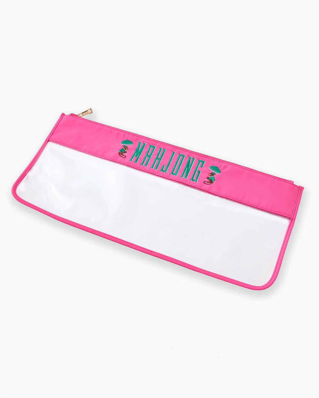 Pink and white pouch with 'Mahjong' text on a white background