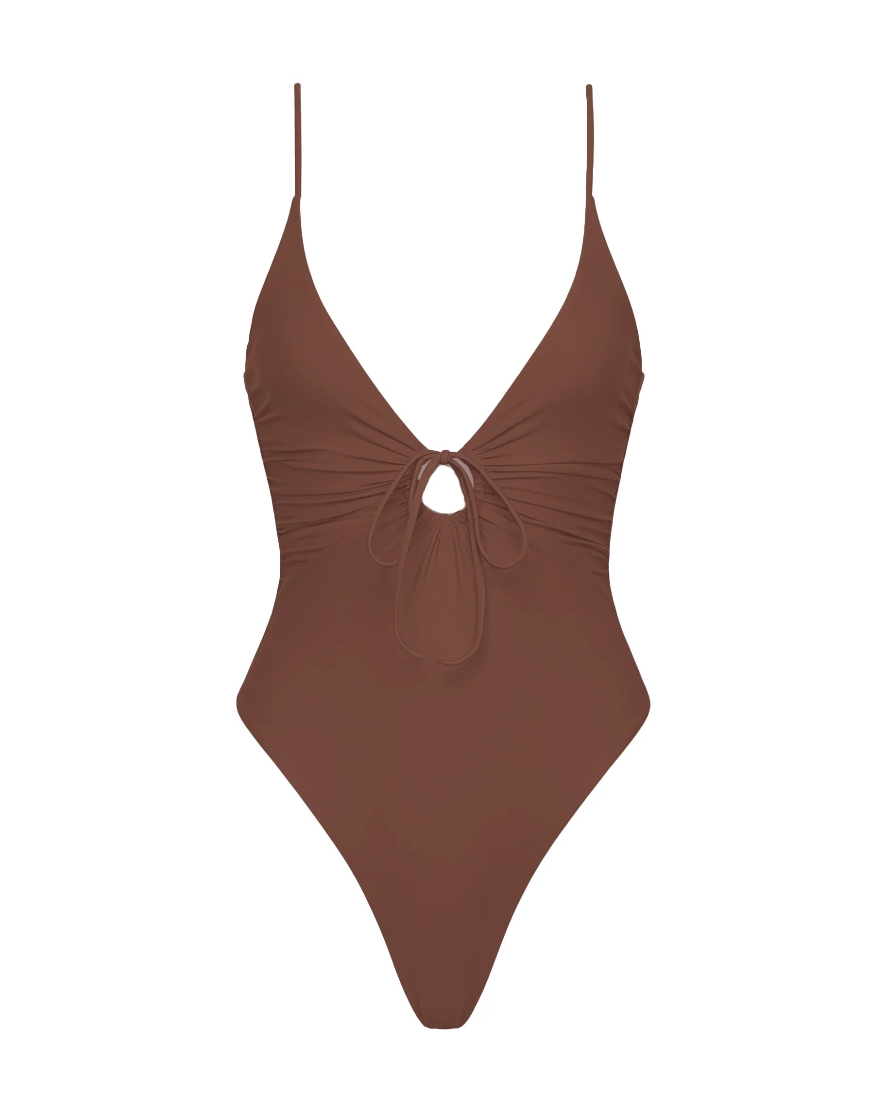 Brown one-piece swimsuit with a deep neckline on a white background