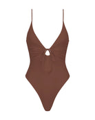 Brown one-piece swimsuit with a deep neckline on a white background