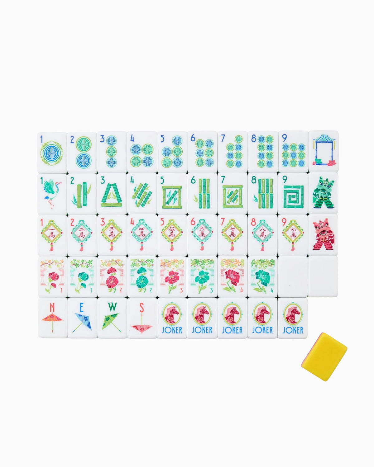 A set of Mahjong tiles arranged in a grid on a white background, with a small yellow dice cup in the bottom right corner.