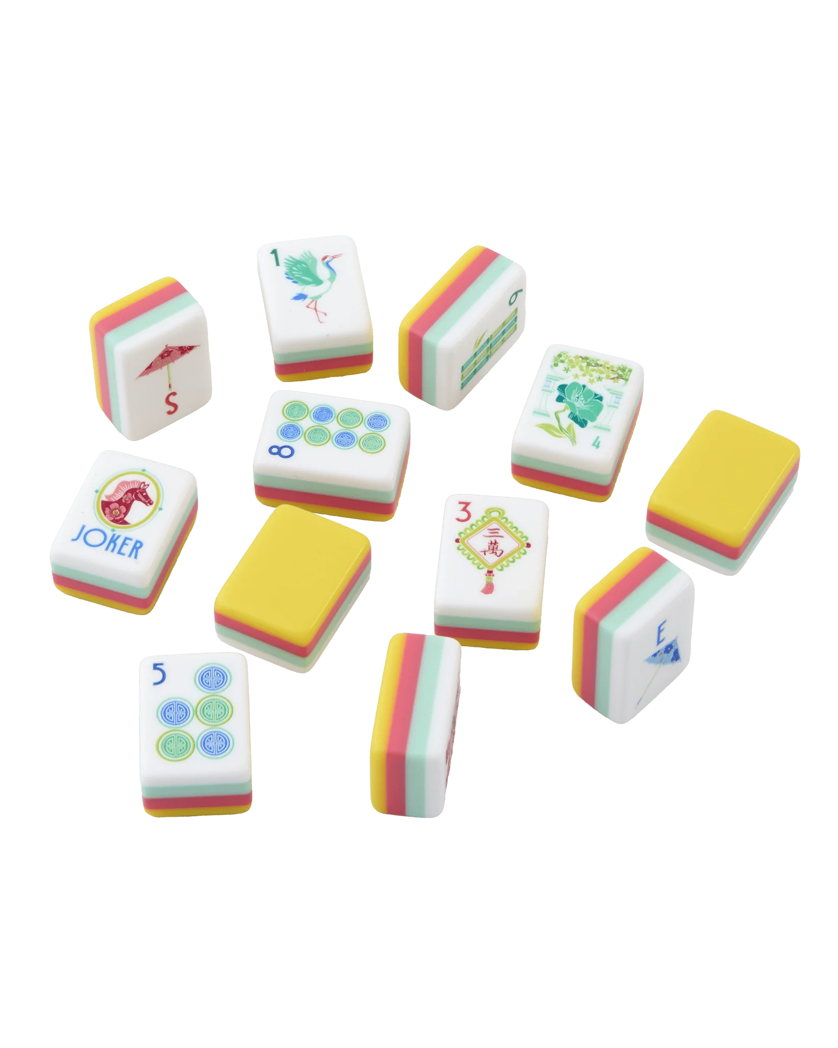 A set of miniature Mahjong-style tiles arranged on a plain white background. The tiles are primarily white with multicolored striped edges and various printed symbols and illustrations.