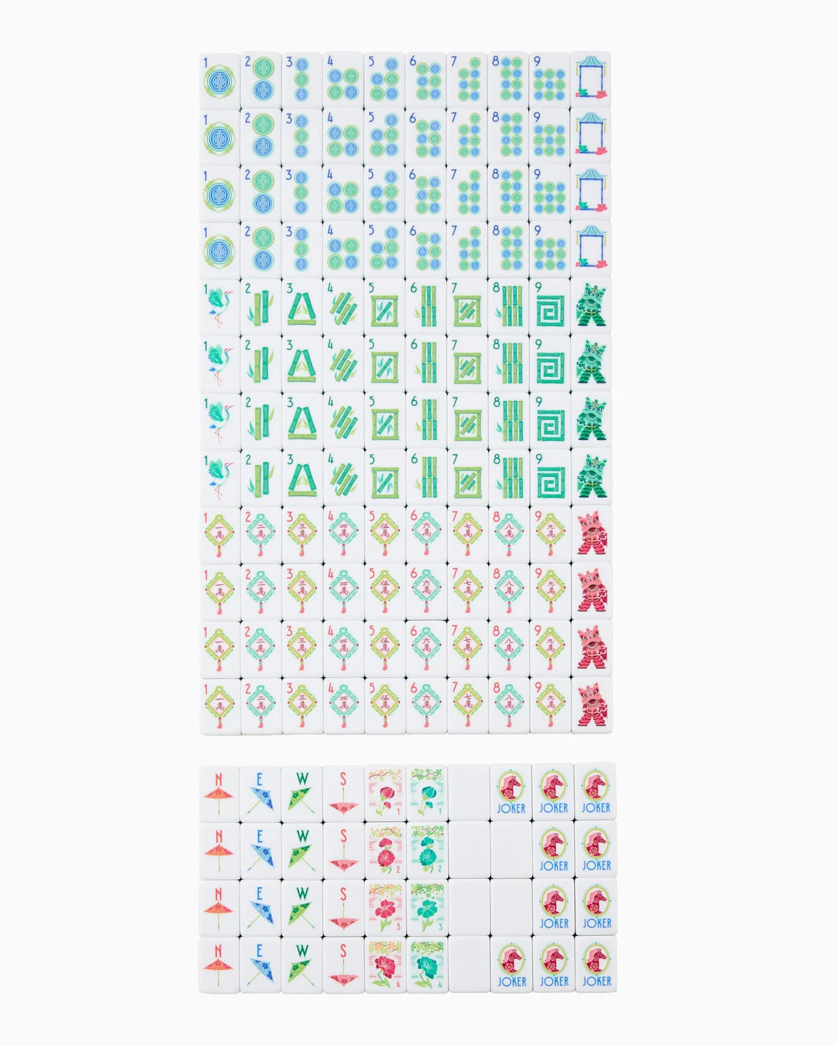 A sheet of small square stickers or icons arranged in rows on a white background, with two larger sheets below showing colorful symbols and illustrations including trees, birds, flowers, and red foxes.
