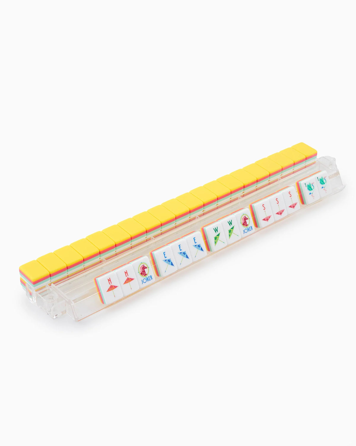 Wooden toy with colorful tiles on a white background