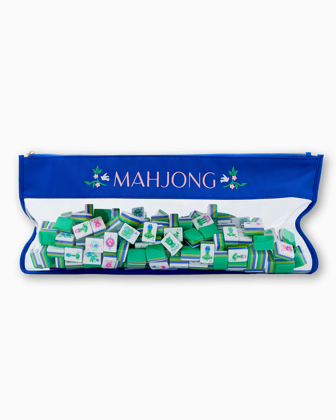 Green and white mahjong tiles in a blue pouch with 'MAHJONG' branding.
