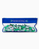 Green and white mahjong tiles in a blue pouch with 'MAHJONG' branding.