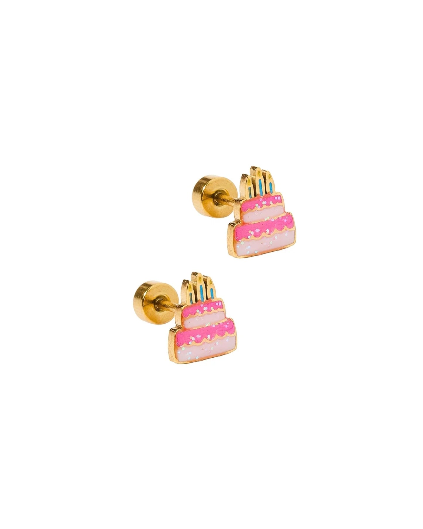 Pair of cake-shaped earrings with pink frosting and gold accents on a white background