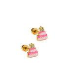 Pair of cake-shaped earrings with pink frosting and gold accents on a white background