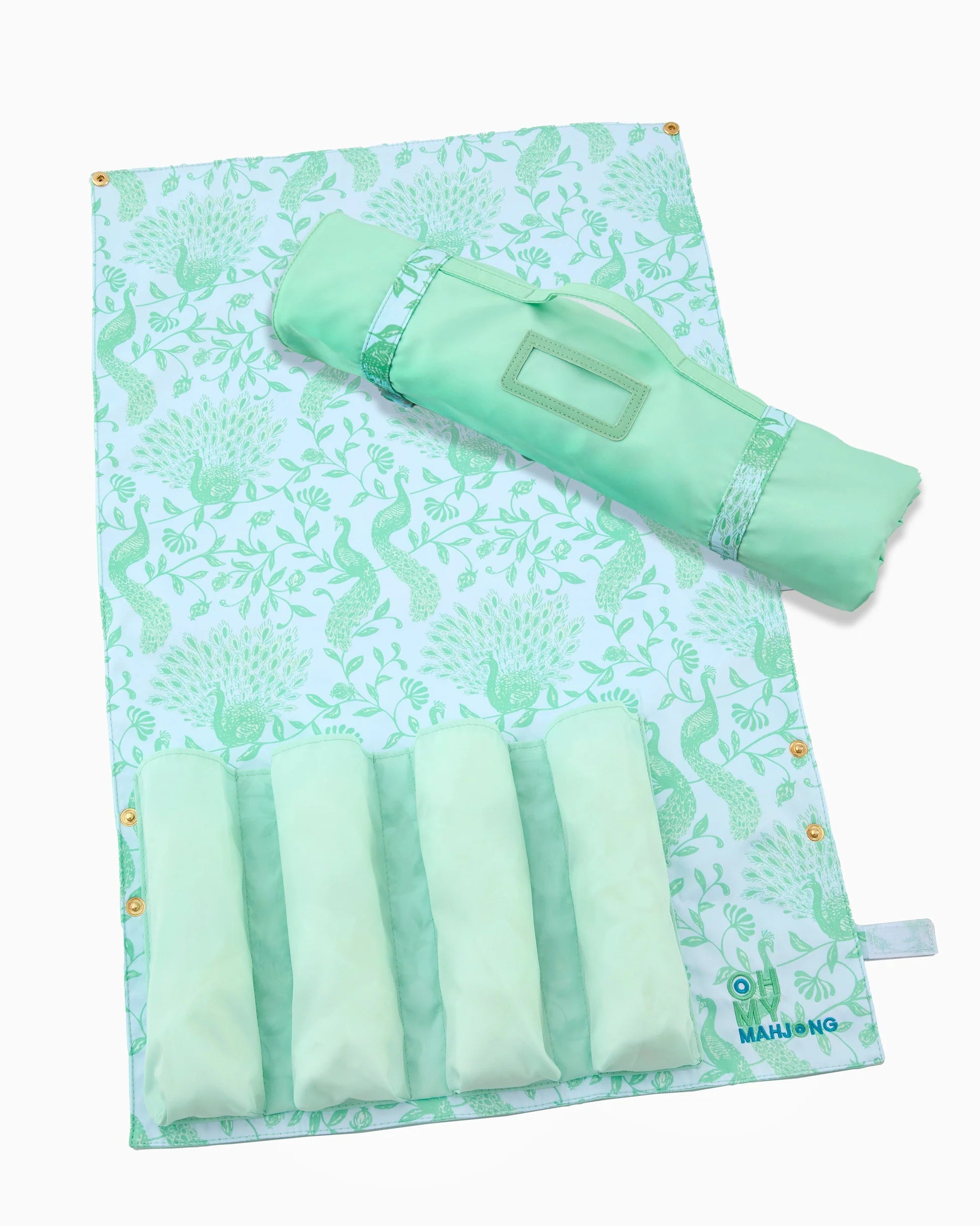 A mint green and white patterned travel pillow set shown partially unfolded, with four rolled cushions inside a matching fabric sleeve on a plain white background.