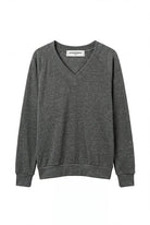 Gray sweatshirt with a brand label on a white background