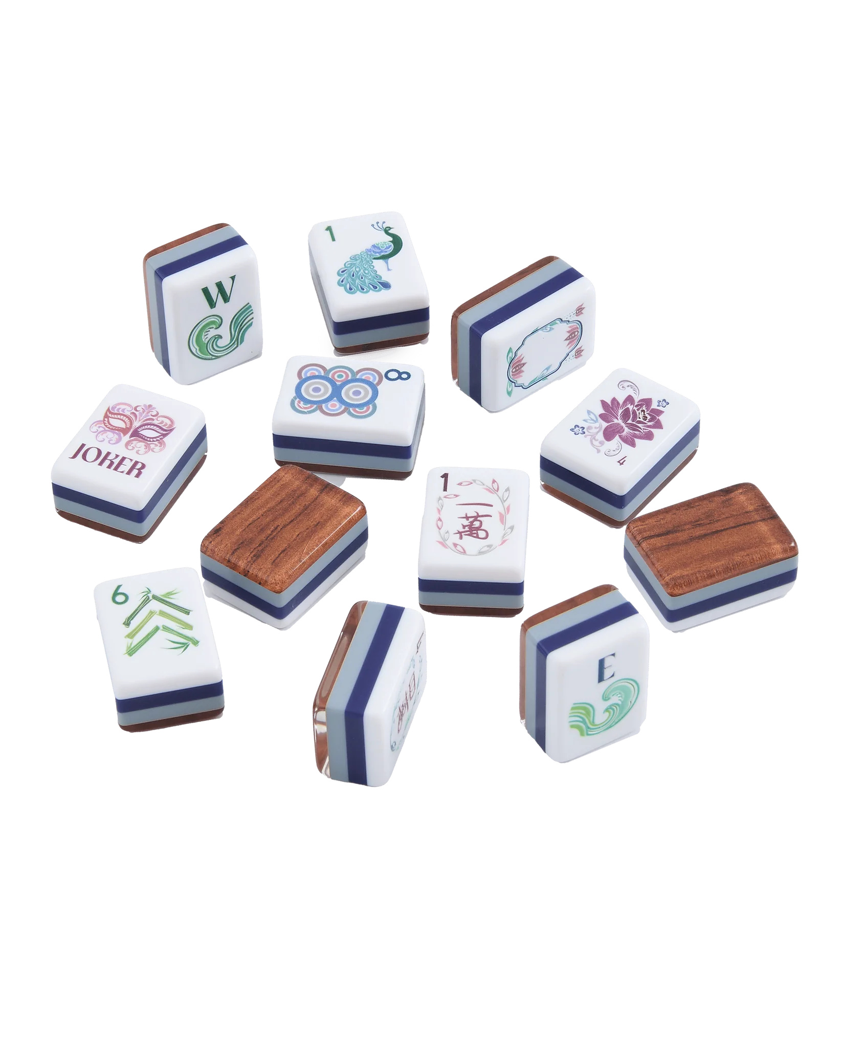 A set of Mahjong tiles arranged on a plain white background, showing both the white faces with printed symbols and the wood-grain backs.