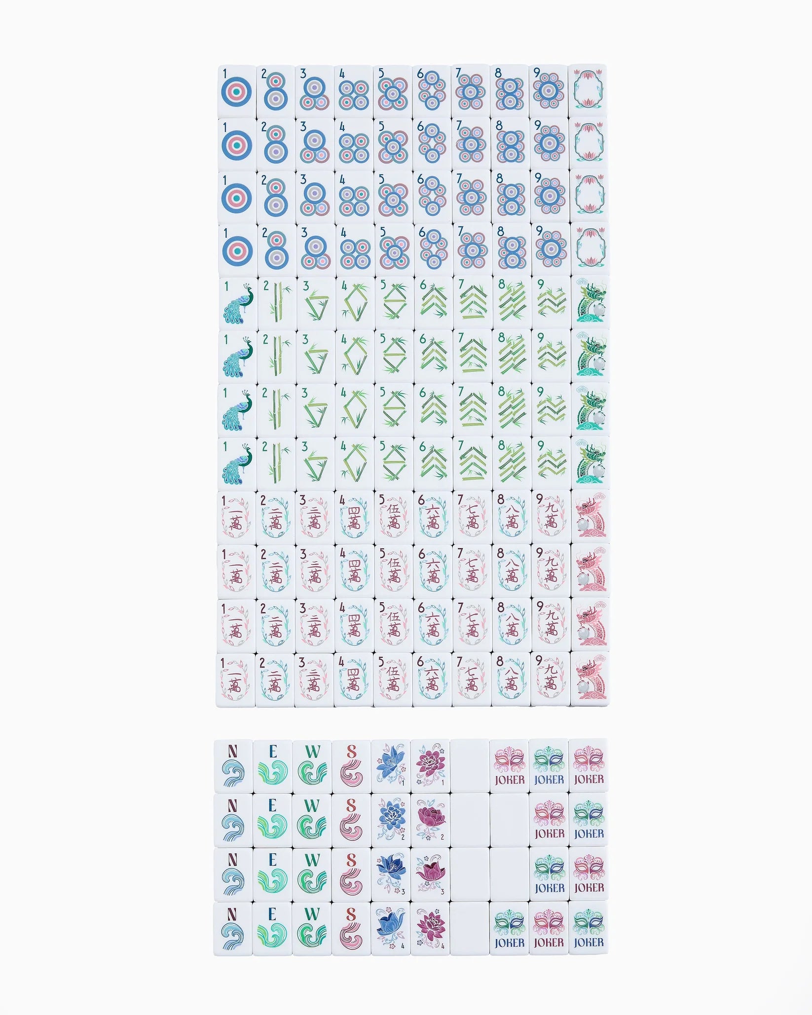 Two sheets of small decorative stickers or stamps displayed on a plain white background. The top sheet contains repeated motifs in blue, green, and pink, while the bottom sheet shows smaller rectangular stickers with text and colorful illustrations.