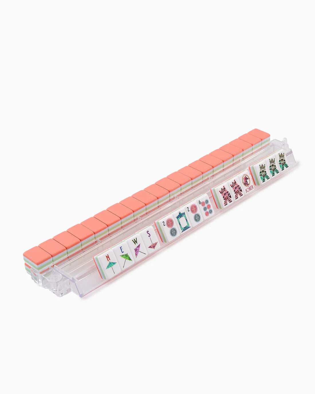 Rectangular container with pink top and colorful labels on a white background