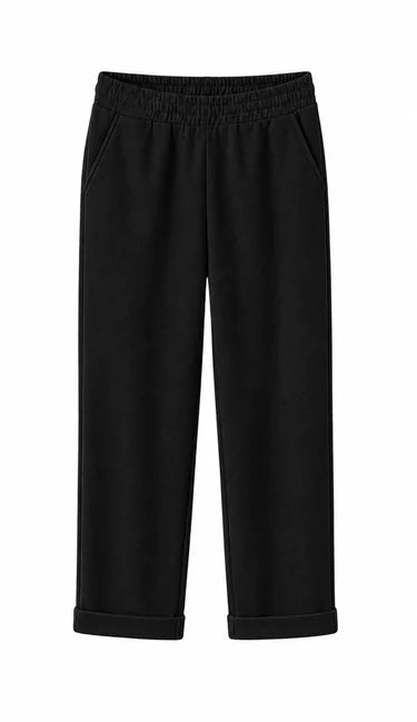 Black wide-leg cropped pants with an elastic waistband and rolled cuffs, shown against a plain white background.