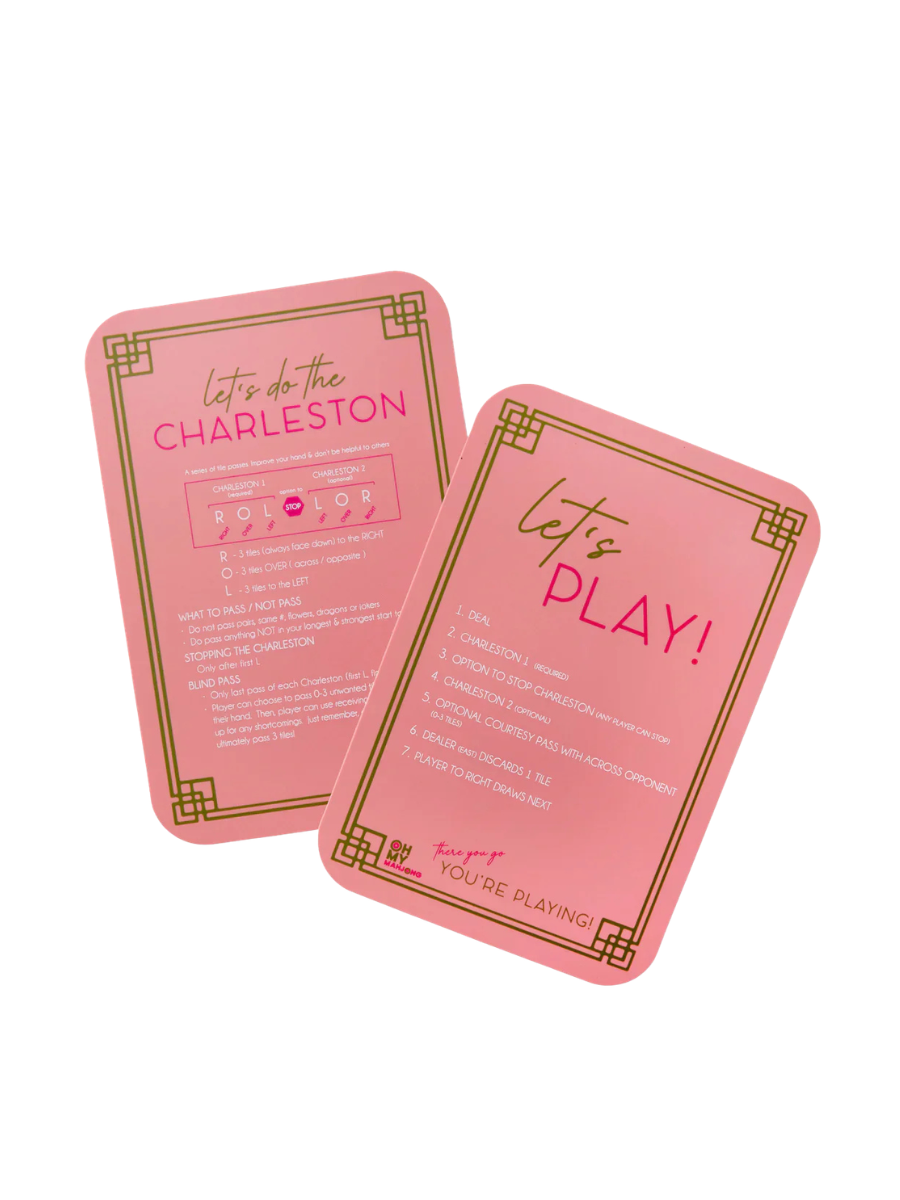 Two pink cards with text and design elements on a white background