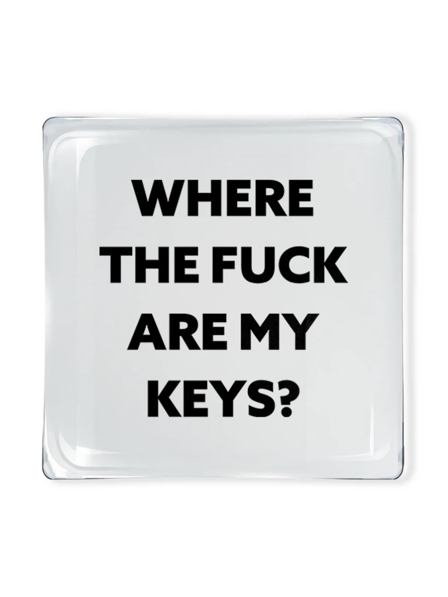 Rectangular white sign with black text 'WHERE THE FUCK ARE MY KEYS?' on a white background