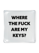 Rectangular white sign with black text 'WHERE THE FUCK ARE MY KEYS?' on a white background