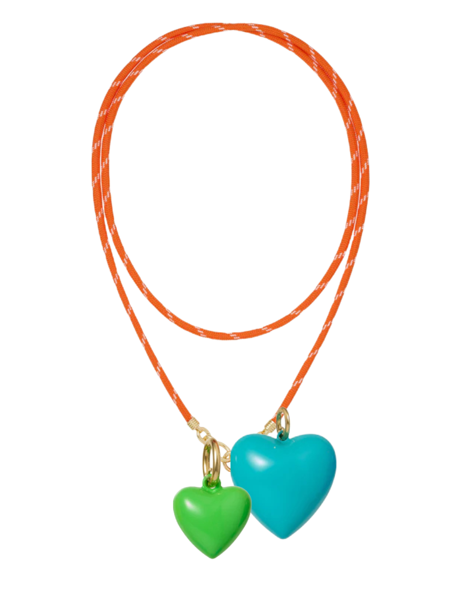 Necklace with green and turquoise heart-shaped pendants on an orange cord against a white background
