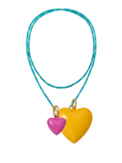 Necklace with two heart-shaped pendants, one pink and one yellow, on a blue cord against a white background.