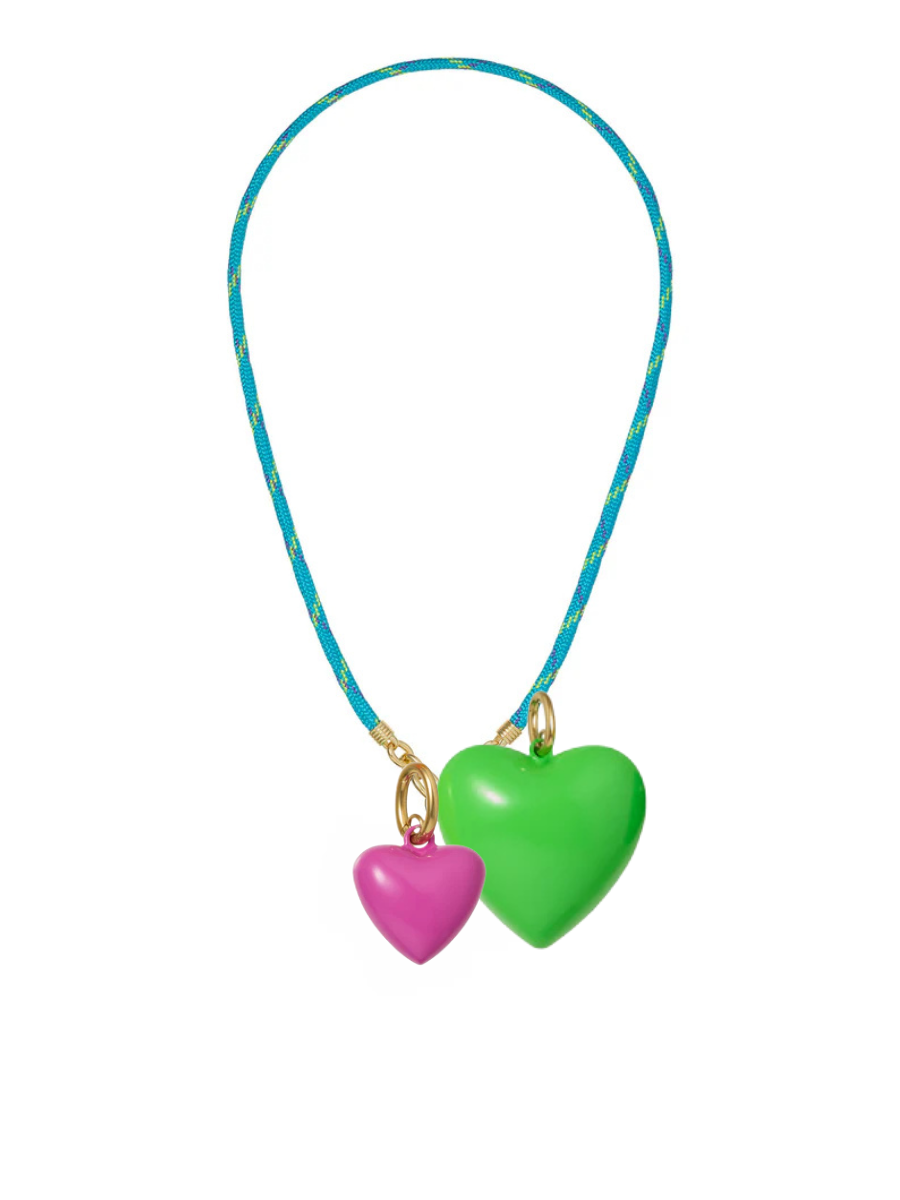 Necklace with pink and green heart pendants on a white background