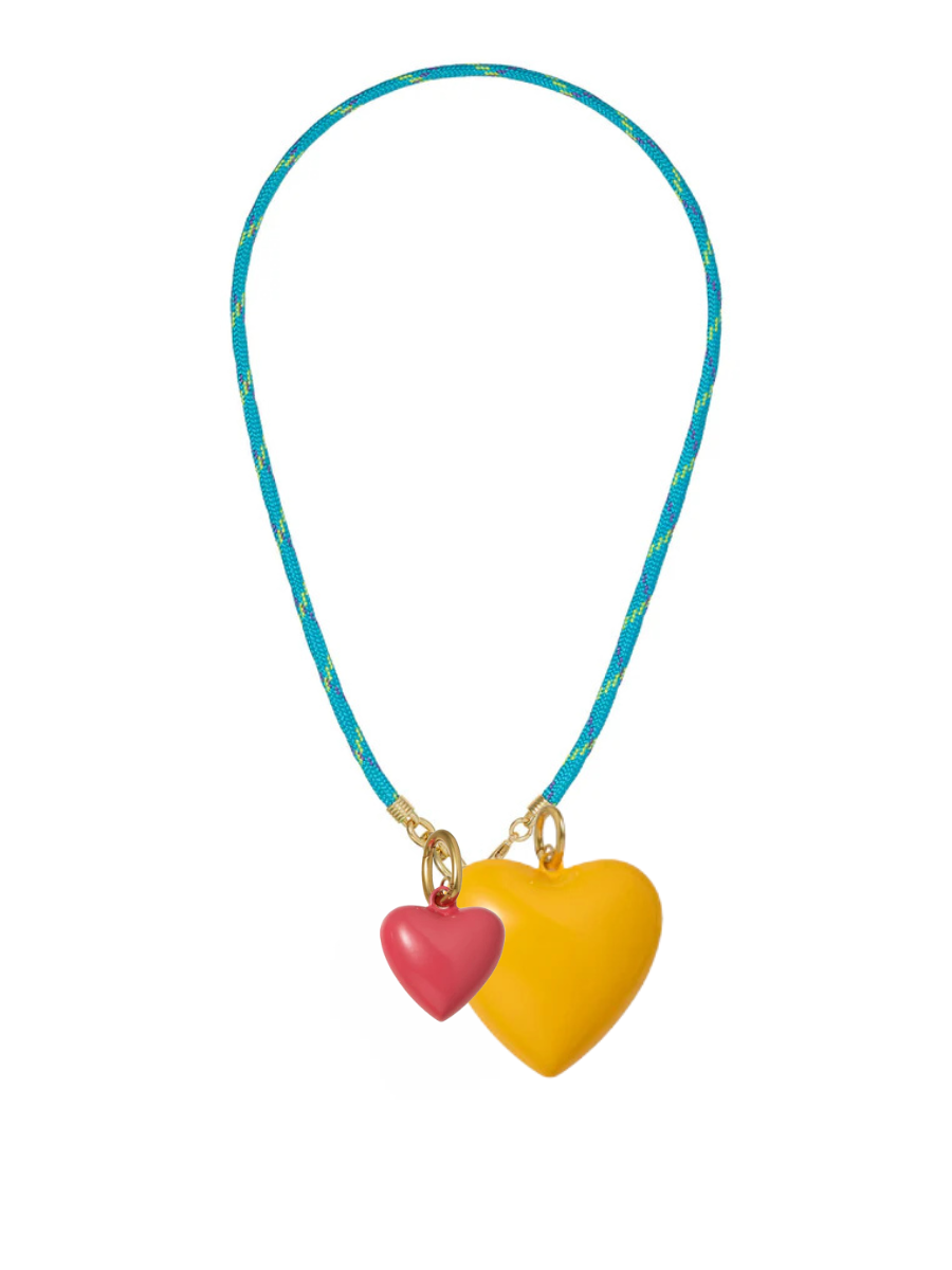 Necklace with two heart-shaped pendants on a white background