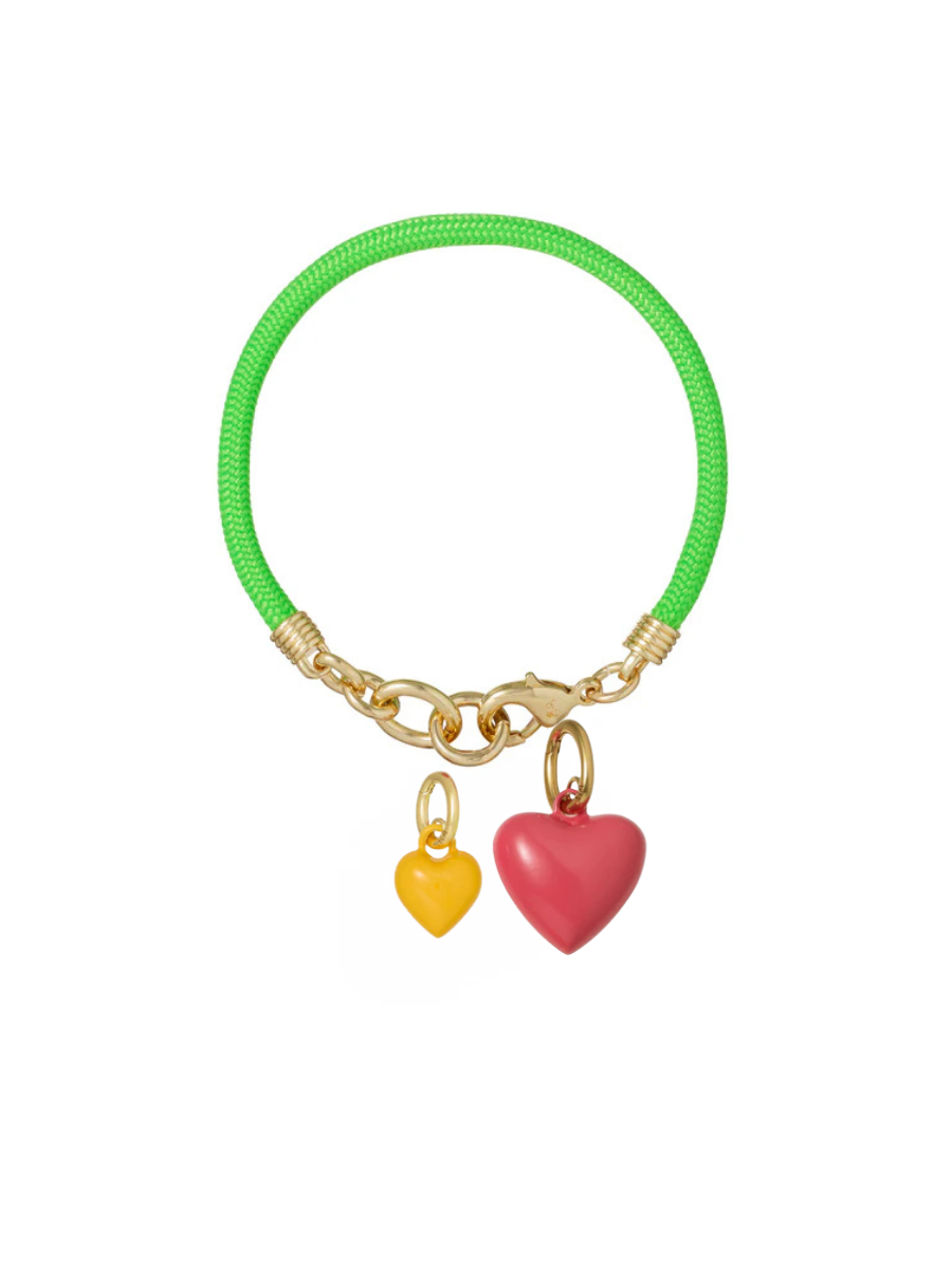 Green bracelet with gold chain and colorful heart charms on a white background