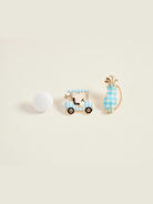 Golf-themed earrings with a golf cart and golf club design on a light beige background.